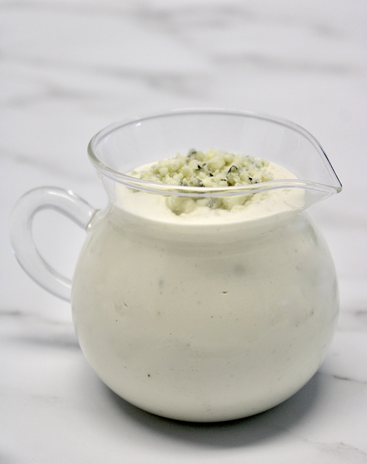 Keto Blue Cheese Dressing in glass pitcher