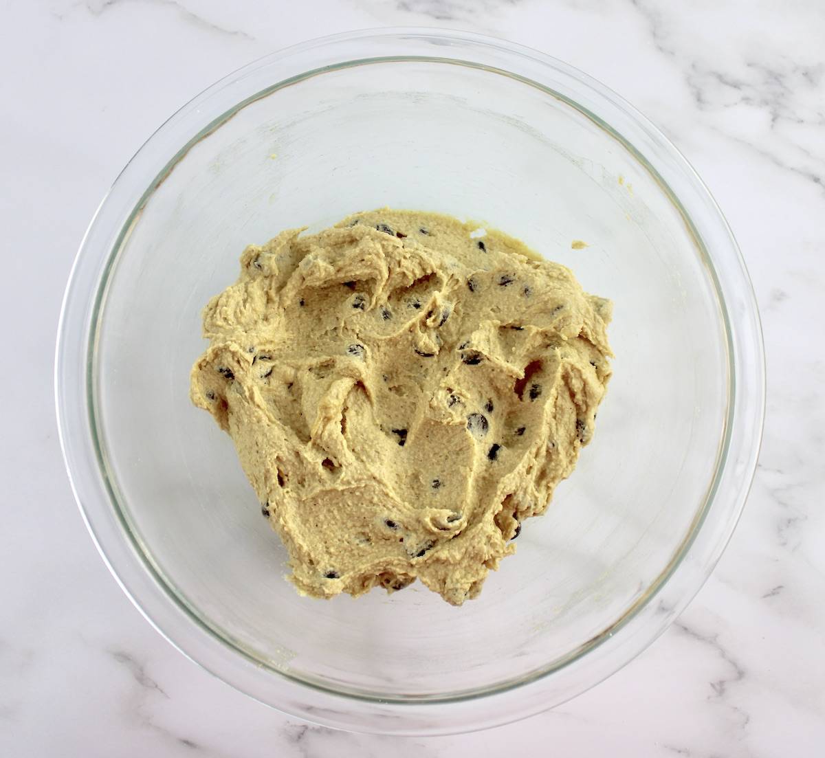 Keto Chocolate Chip Cookie dough in glass bowl