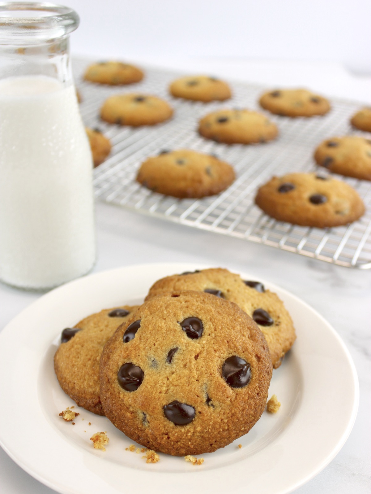 Keto Chocolate Chip Cookies on white plate with milk bottle and more cookies on cooling rack i background