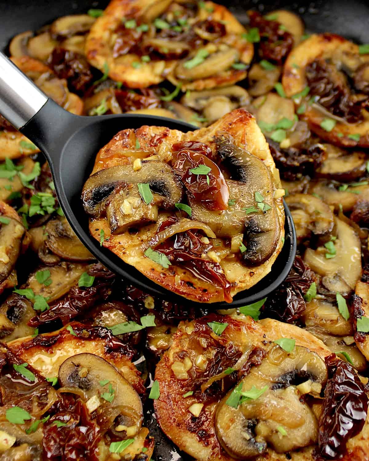 Mushroom Chicken with Sun-Dried Tomatoes being held up by black serving spoon