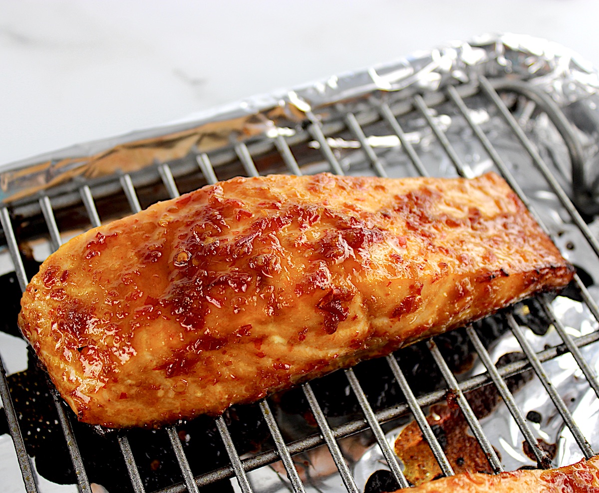 closeup of Asian Glazed Salmon on baking rack