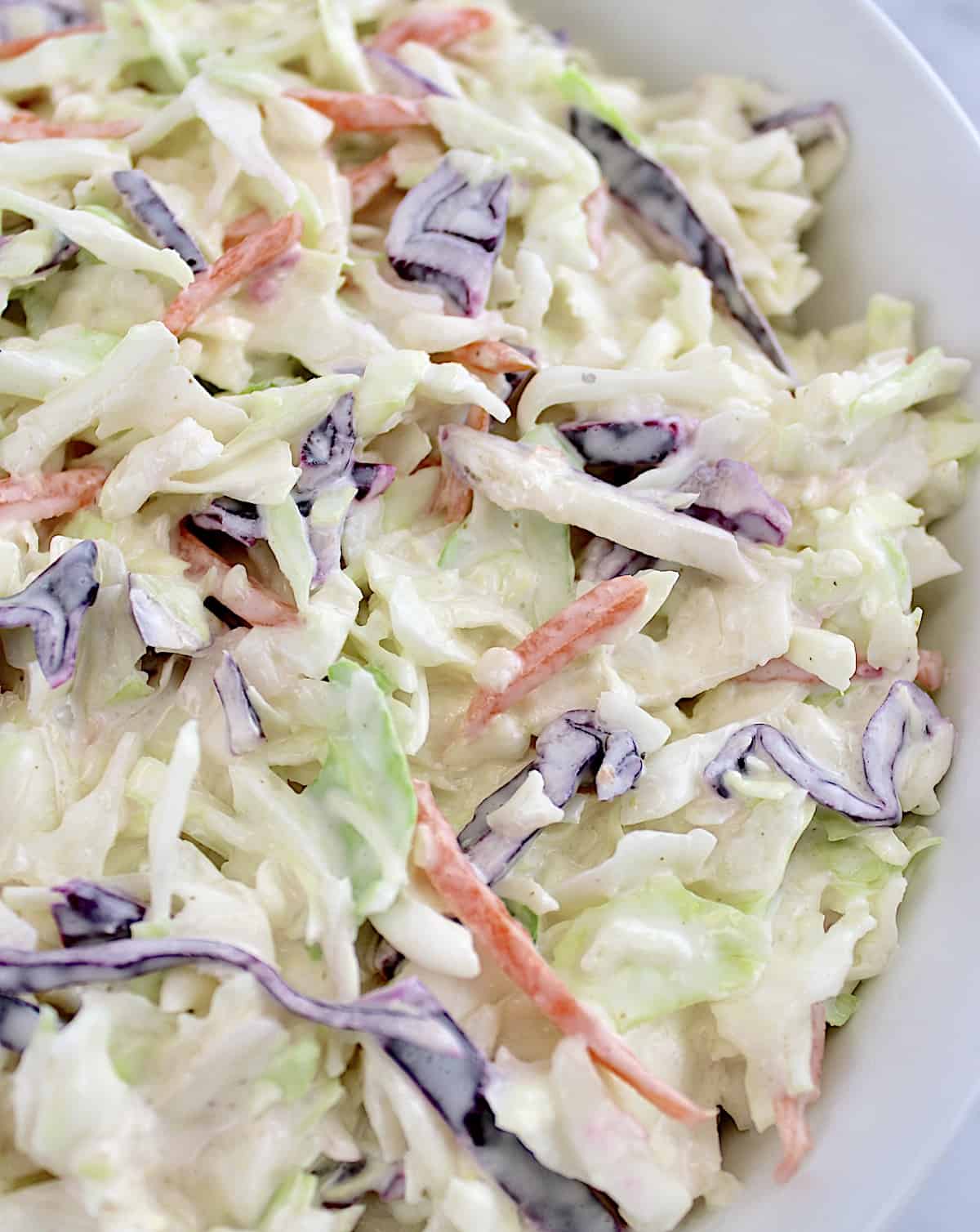 closeup of Easy Coleslaw in white bowl