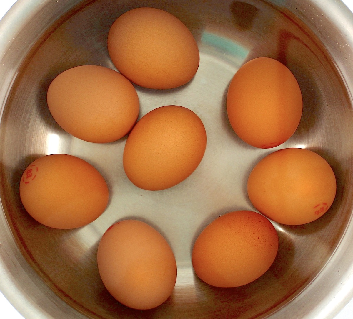 8 brown eggs in saucepan with water