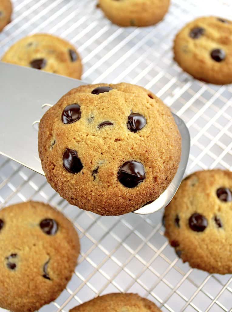 closeup of spatula holding Keto Chocolate Chip Cookie over a cooling rack