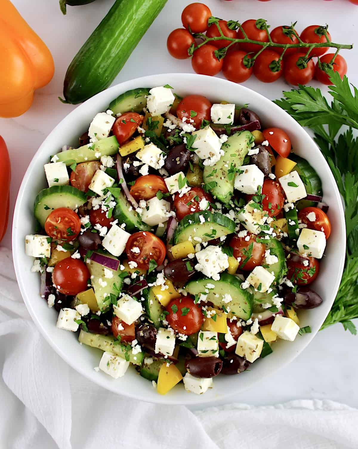 Keto Greek Salad with Dressing in white bowl