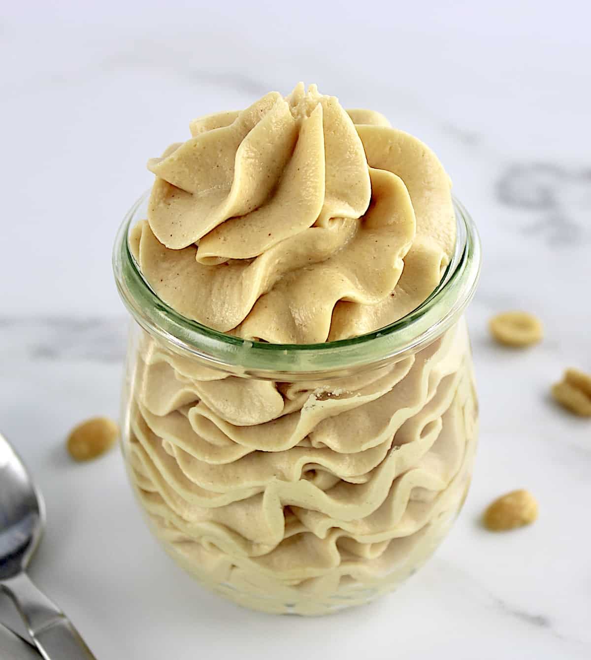 Peanut Butter Mousse in open glass jar