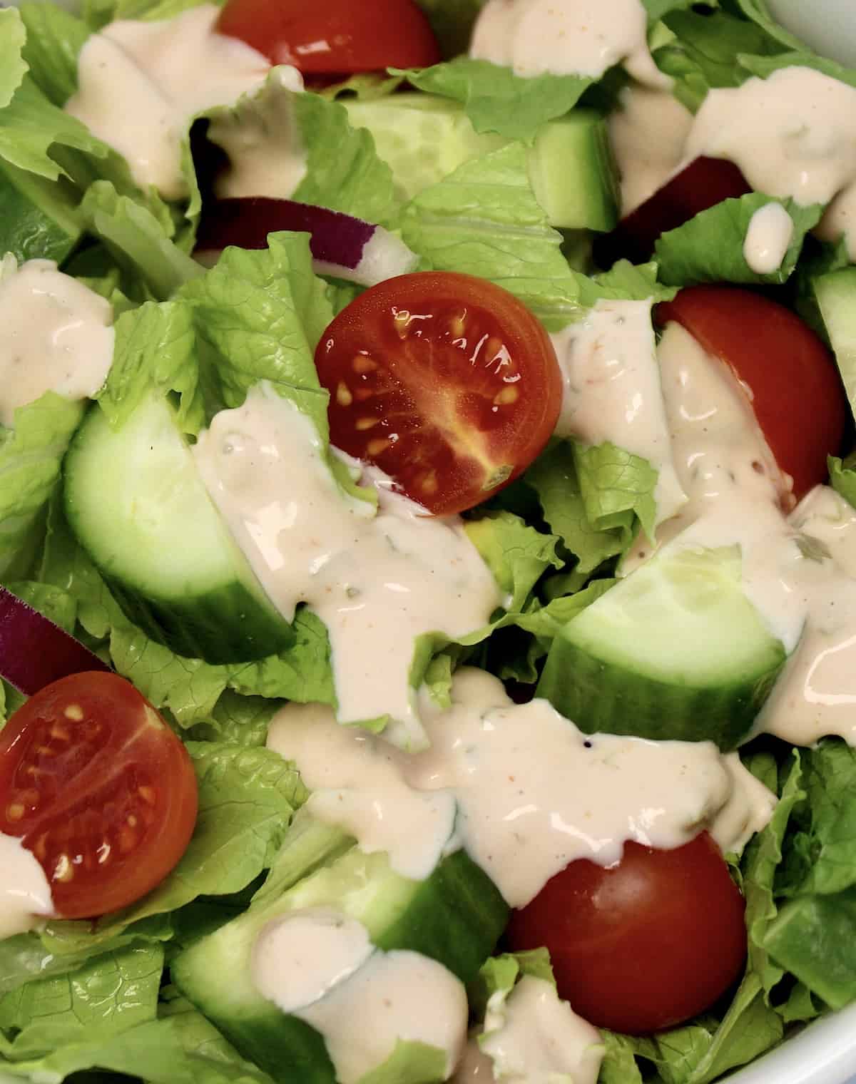 closeup of salad with Thousand Island Dressing