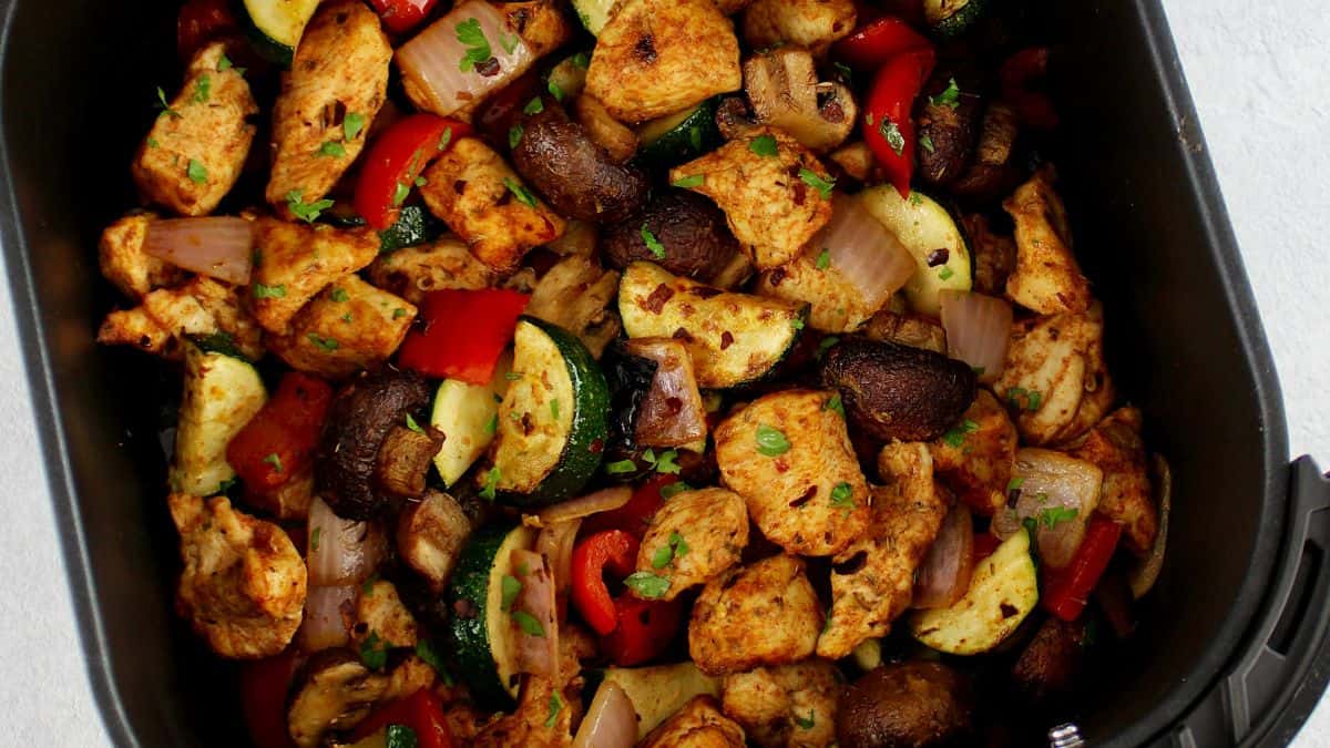 Air Fryer Chicken and zucchini, peppers, mushrooms and onions