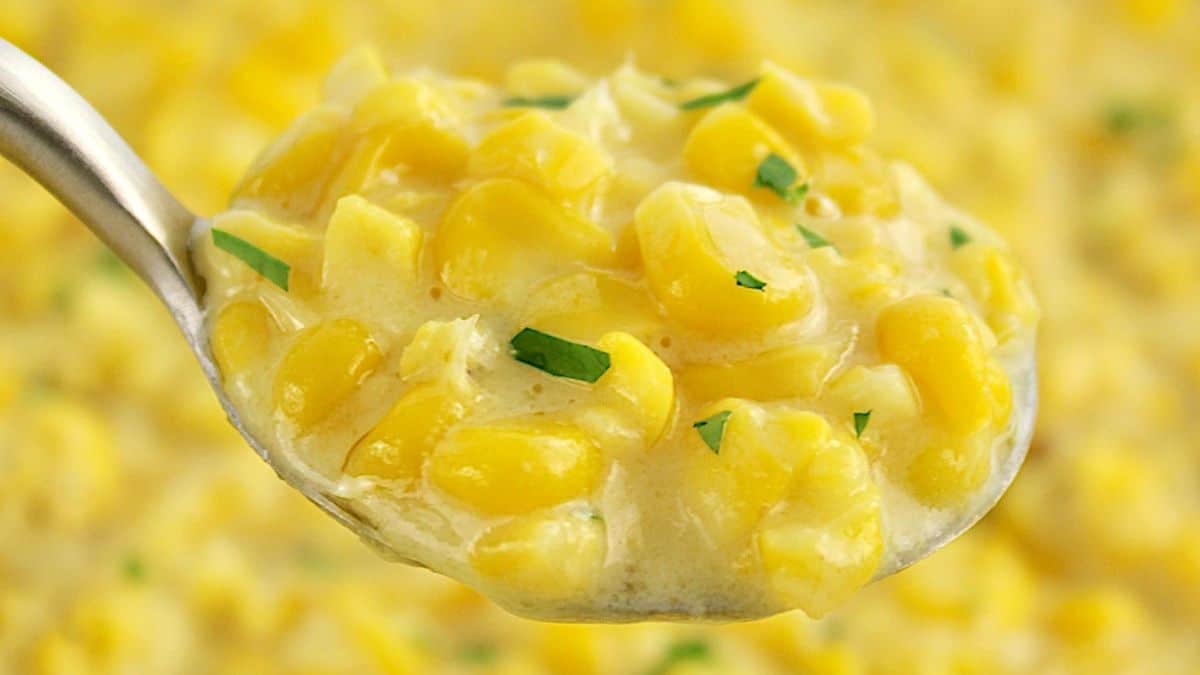 closeup of Creamed Corn in spoon