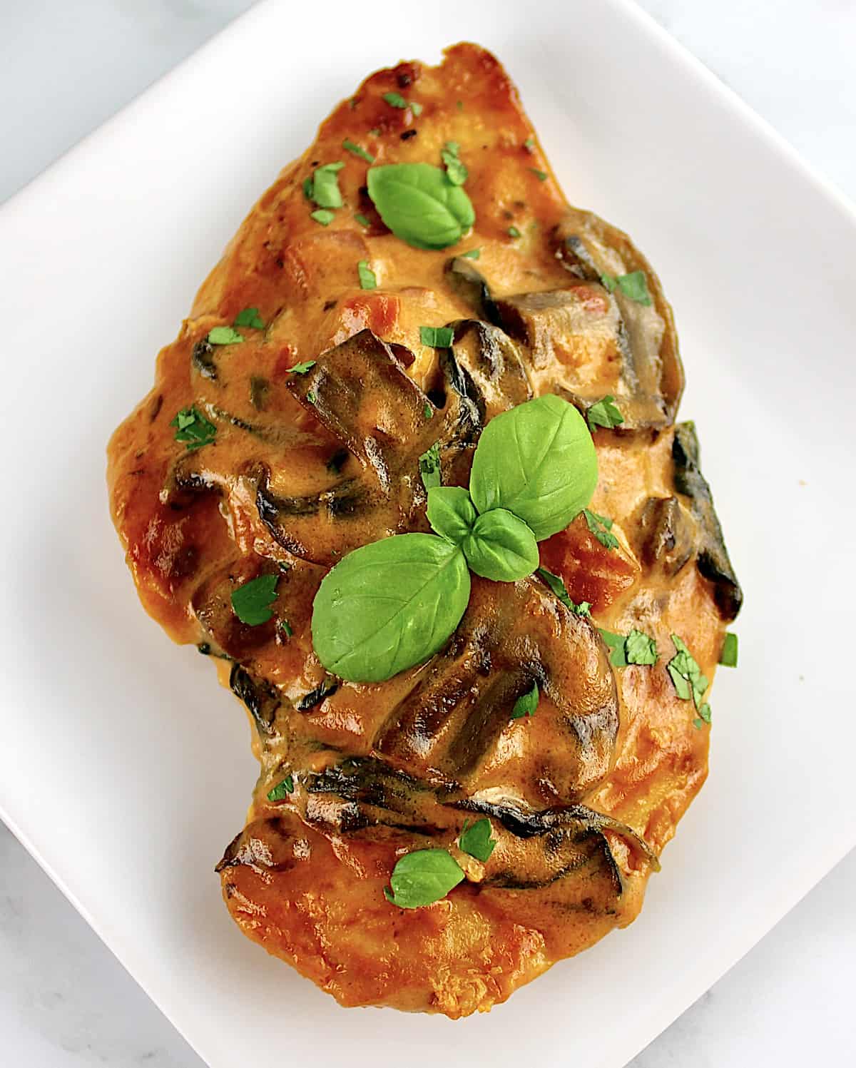 closeup of Creamy Tuscan Chicken on white plate with fresh basil