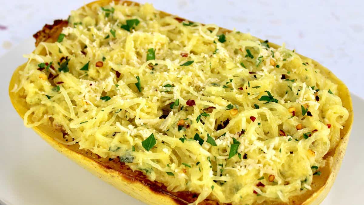 closeup of Garlic Parmesan Spaghetti Squash with chopped parsley