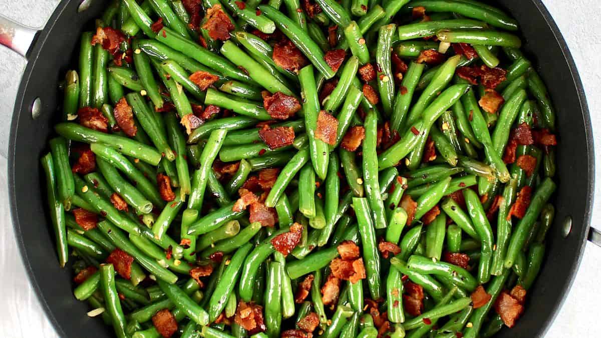 closeup of Green Beans and Bacon chunks