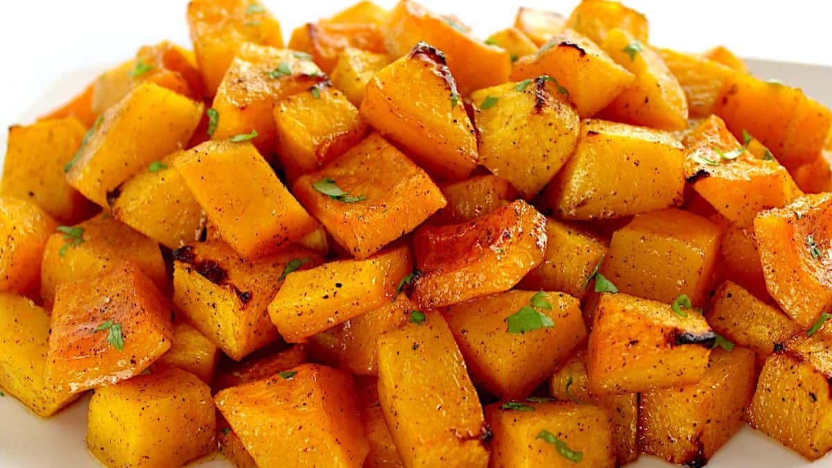 closeup of Honey Roasted Butternut Squash with chopped parsley