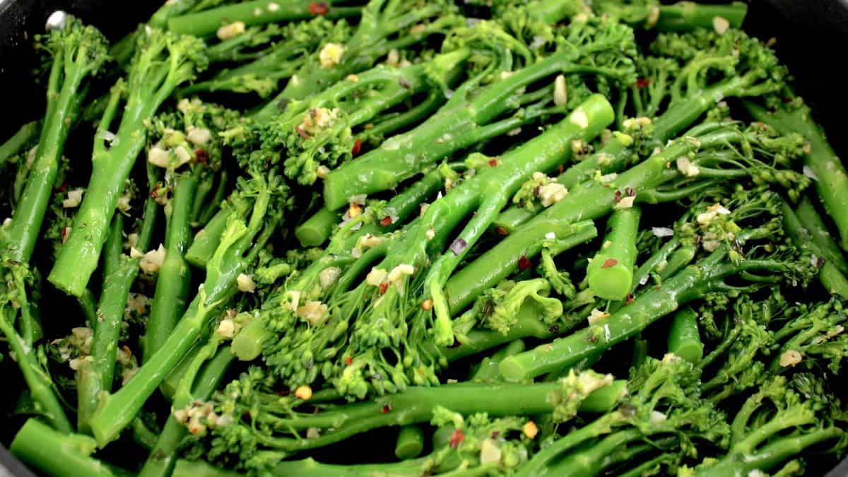 closeup of Sautéed Broccolini with Garlic in skillet