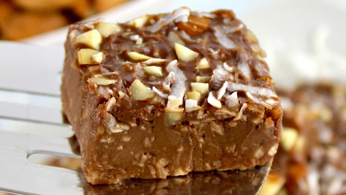 almond joy fudge piece on silver cake server