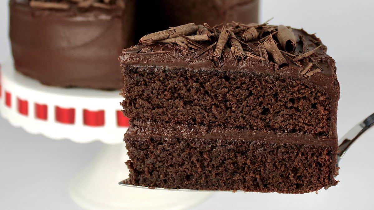 closeup of keto chocolate cake held up with silver cake server