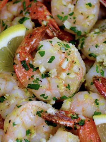 closeup of Air Fryer Shrimp Scampi with chopped parsley