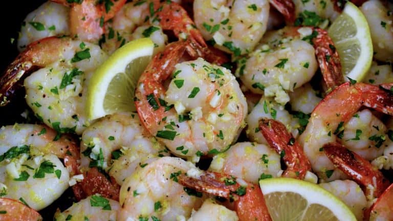 closeup of Air Fryer Shrimp Scampi with chopped parsley