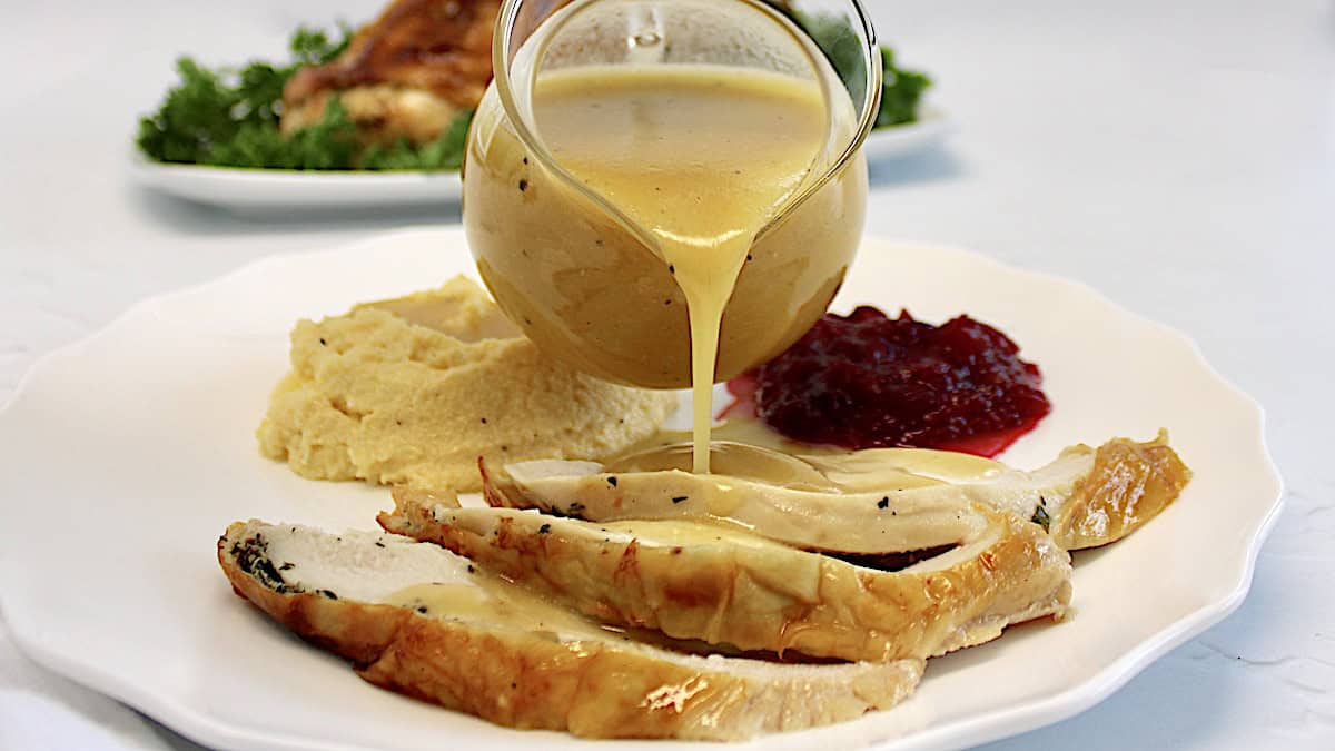 Air Fryer Turkey Breast with gravy being poured over top