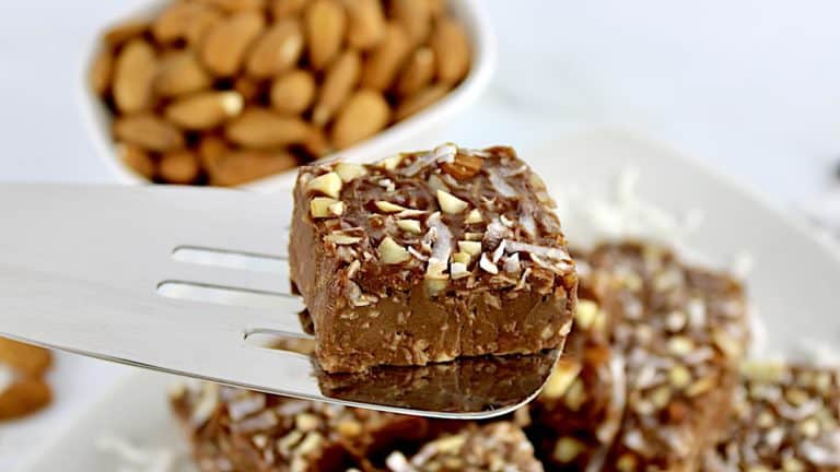 Almond Joy Fudge piece on silver spatula