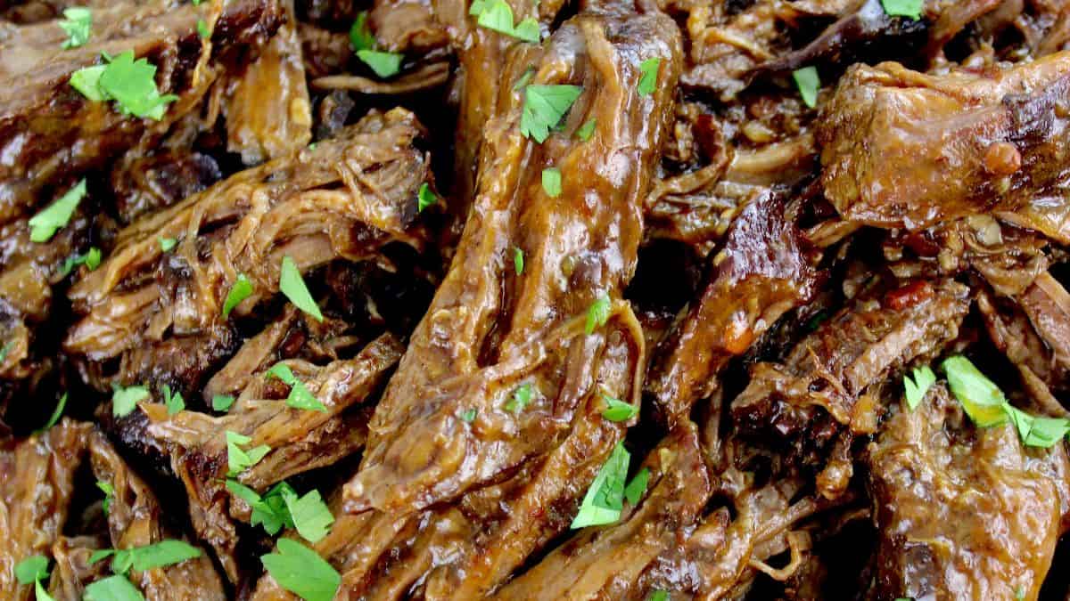 closeup of Beef Barbacoa with chopped cilantro on top