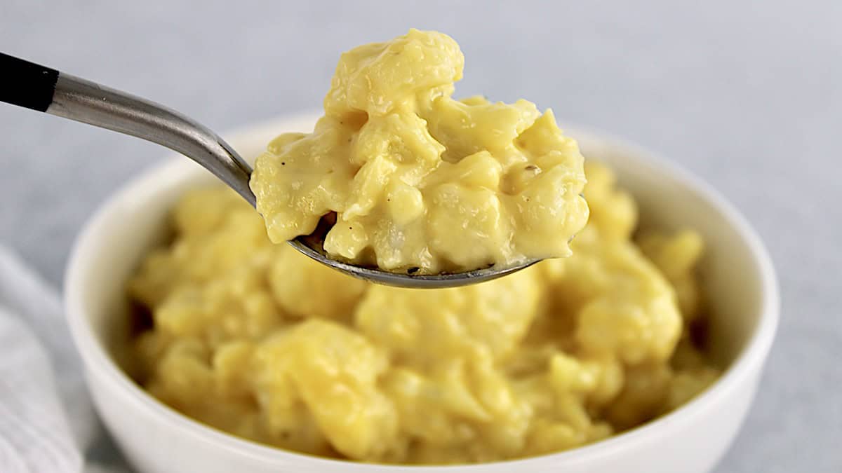 Cauliflower Mac and Cheese held up in spoon over white bowl