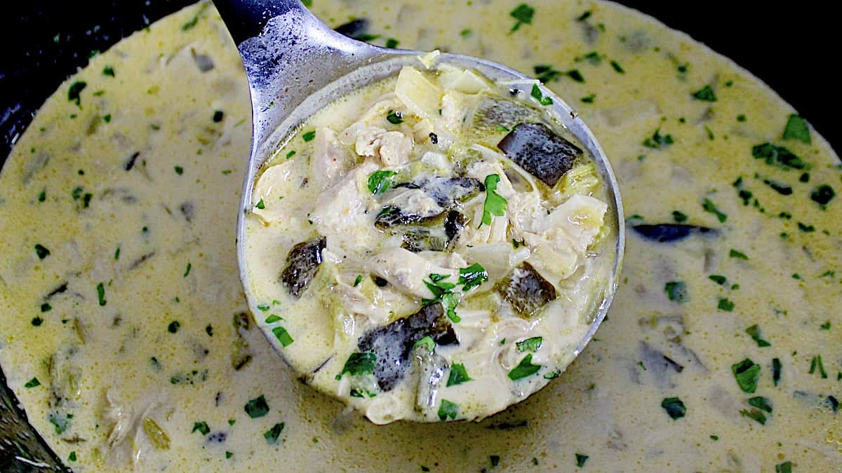 closeup of Chile Relleno Soup in silver ladle with chopped cilantro