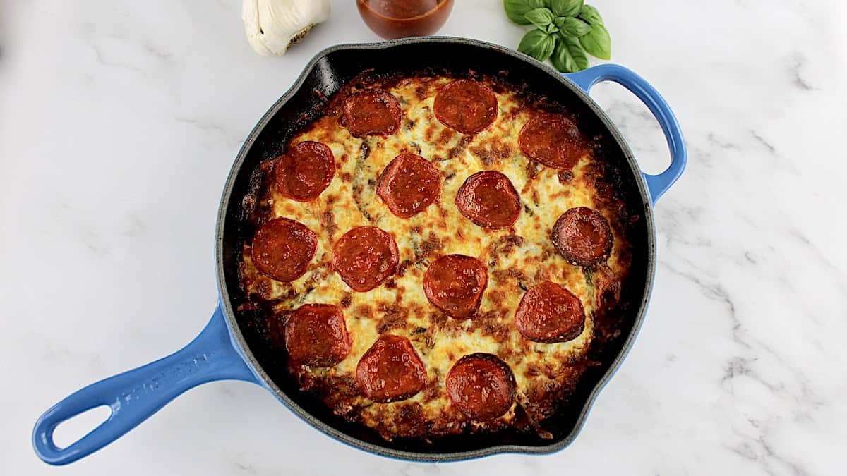 Crustless Pizza in skillet with pepperoni