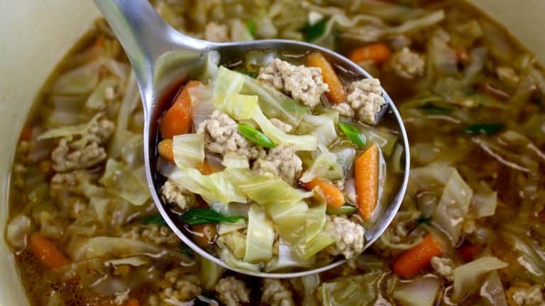 Egg Roll Soup in ladle