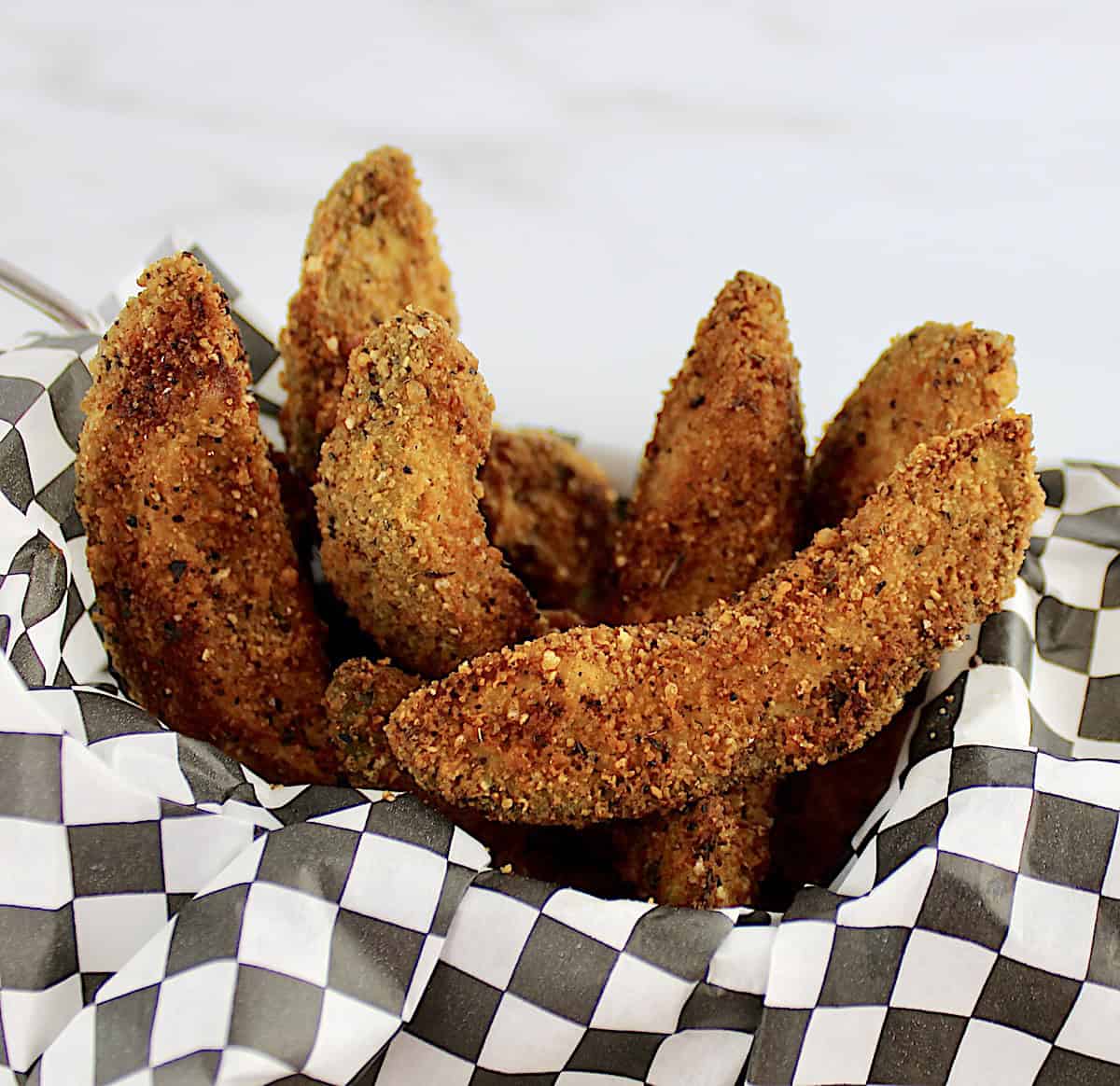 Keto Avocado Fries in black and white checkered paper