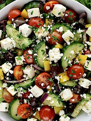 closeup of Keto Greek Salad with crumbled feta cheese