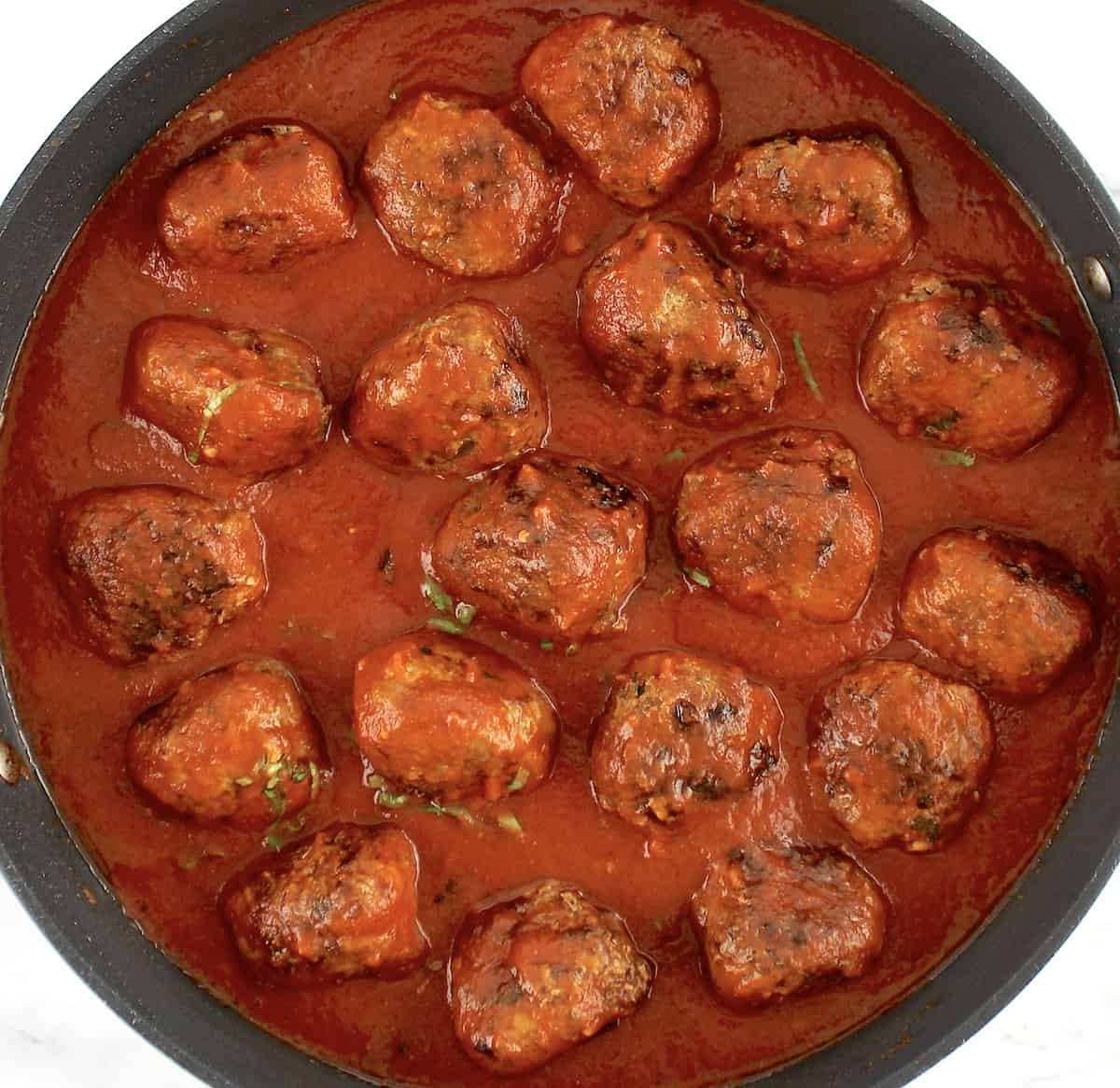 Keto Italian Meatballs in tomato sauce in skillet