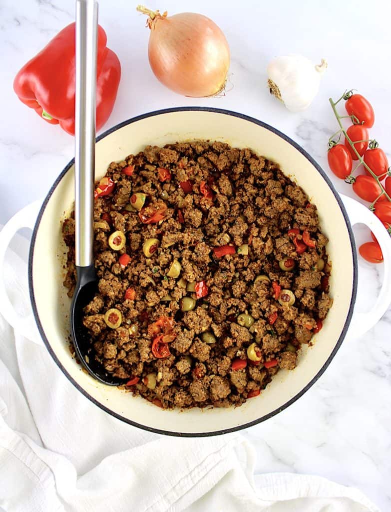 overhead viewofKeto picadillo in skillet with serving spoon