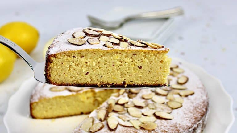 Lemon Ricotta Cake slice on cake server