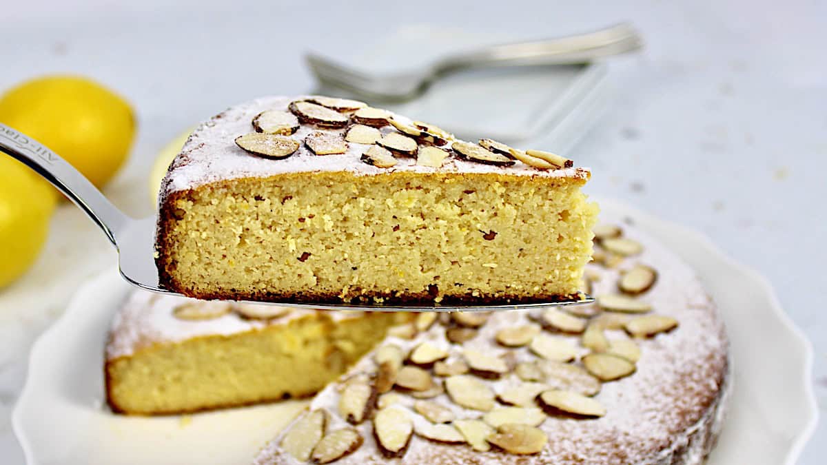 Lemon Ricotta Cake slice on cake server