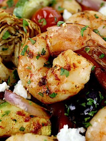 Mediterranean Sheet Pan Shrimp closeup with chopped parsley