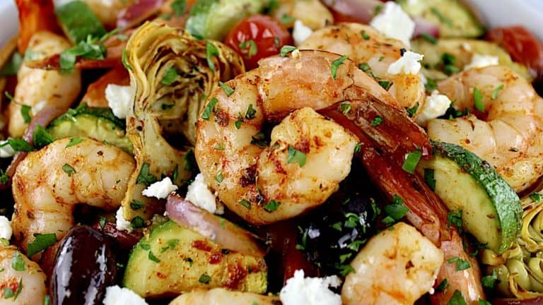 Mediterranean Sheet Pan Shrimp closeup with chopped parsley