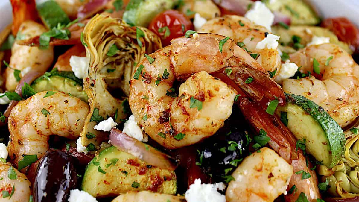 Mediterranean Sheet Pan Shrimp closeup with chopped parsley