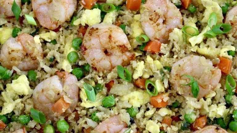 Shrimp Cauliflower Fried Rice closeup in skillet