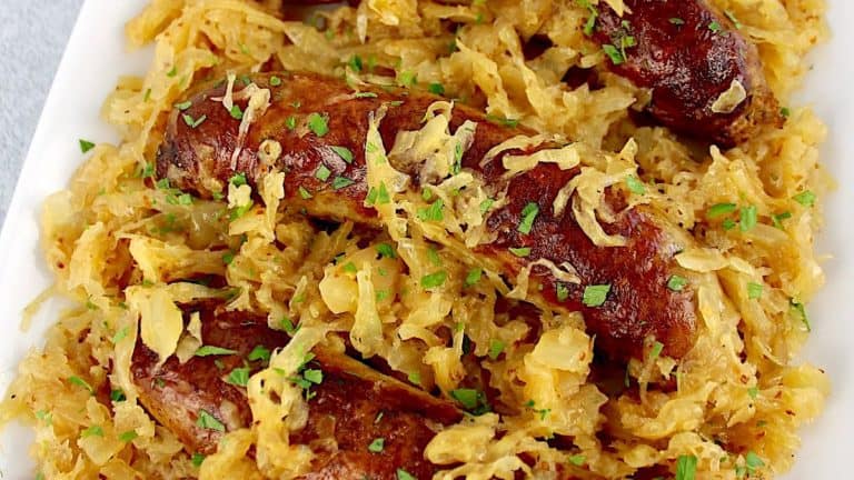 closeup of Slow Cooker Kielbasa and Sauerkraut