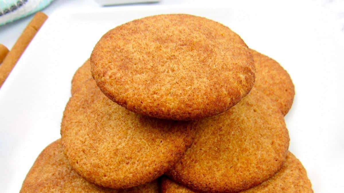keto snickerdoodle cookies stacked up on white plate