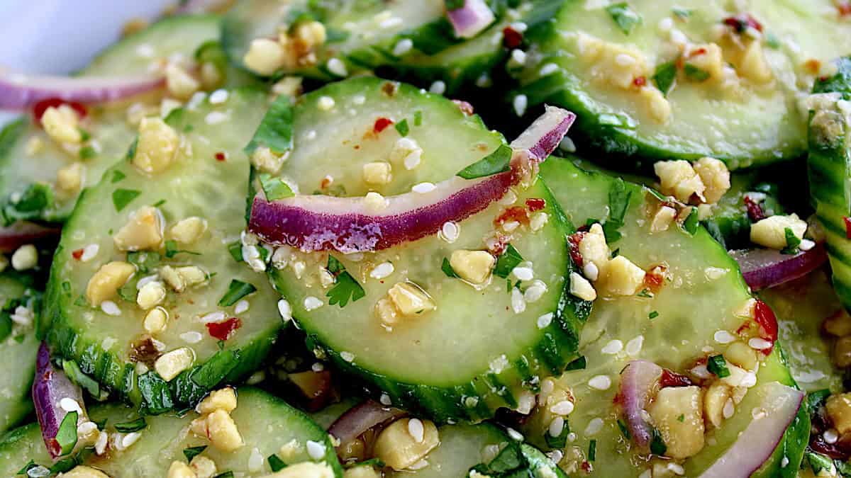 closeup of Thai Cucumber Salad with chopped peanuts and cilantro