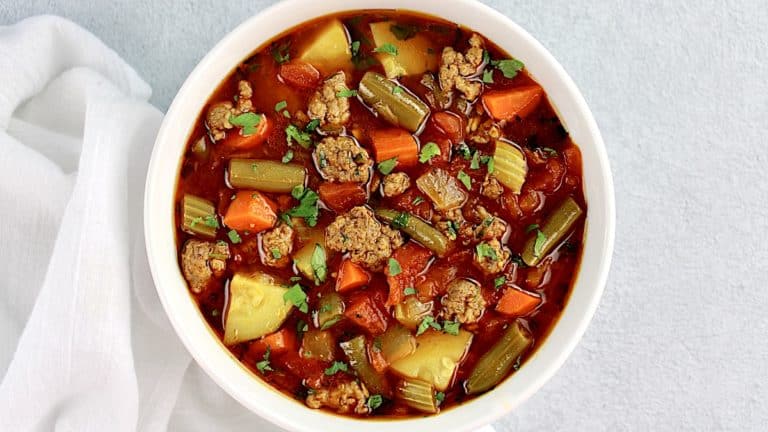 overhead view of Vegetable Beef Soup in white bowl