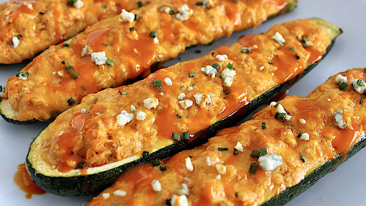 closeup of Buffalo Chicken Zucchini Boats