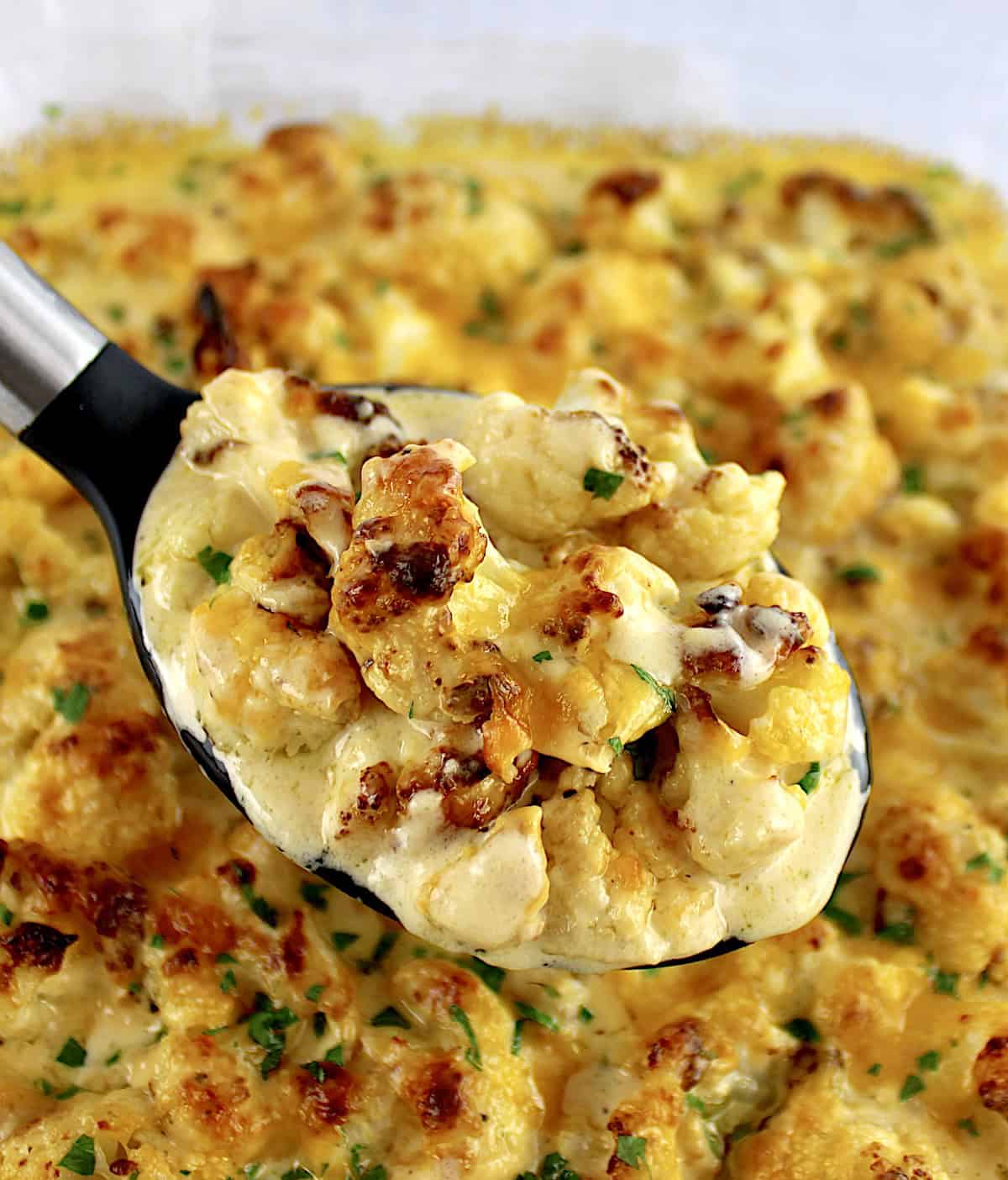 Cheddar Roasted Cauliflower in serving spoon held up over casserole