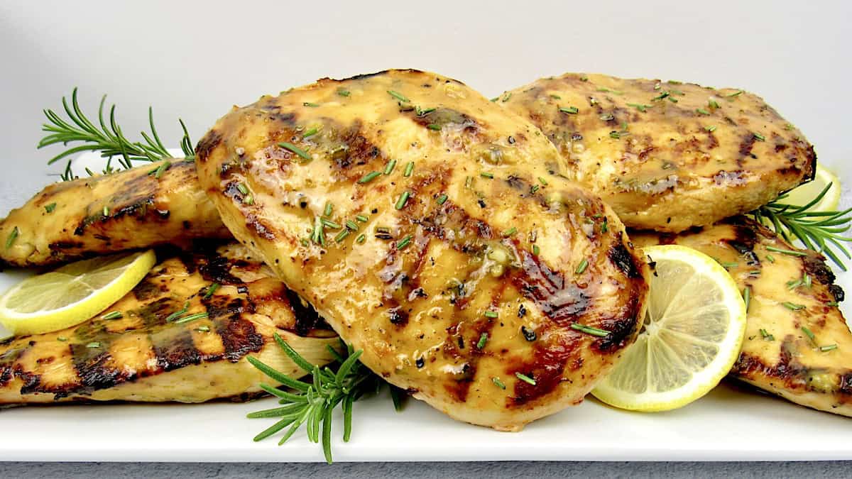 closeup of grilled chicken with citrus glaze