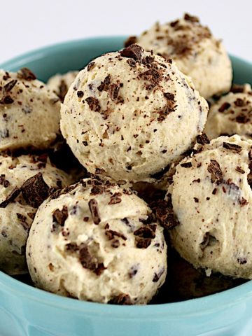 Keto Cookie Dough Fat Bombs piled up in blue bowl