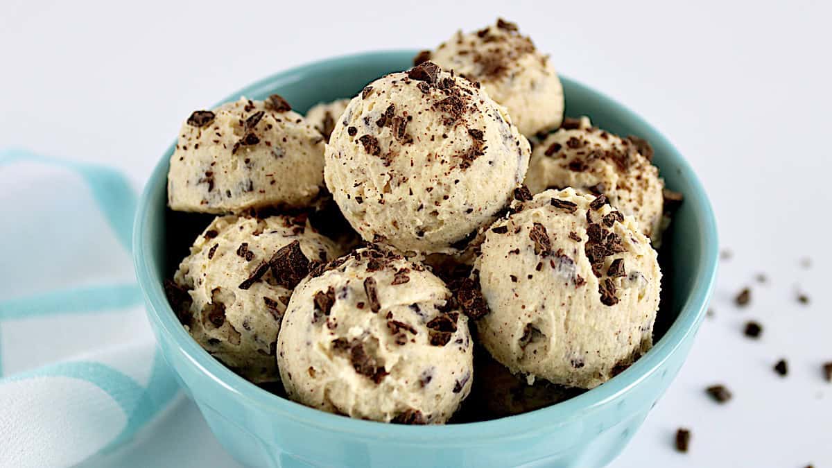 Keto Cookie Dough Fat Bombs piled up in blue bowl