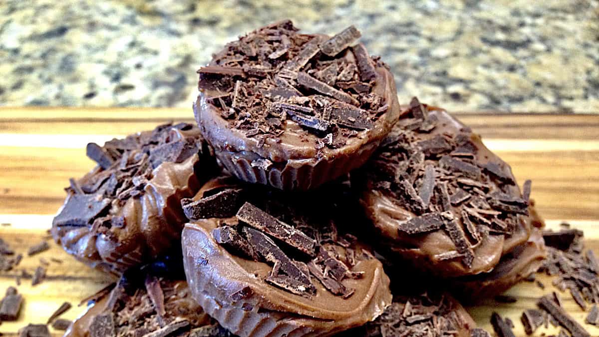 Keto Mocha Fat Bombs piled up with chocolate shavings on top