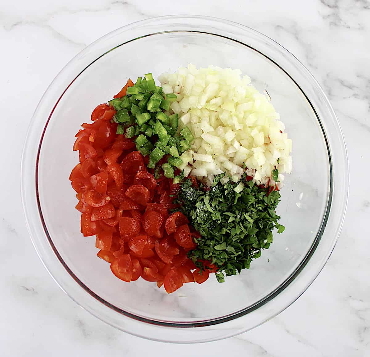 chopped tomatoes, onion, pepper and cilantro in glass bowl arranged in sections
